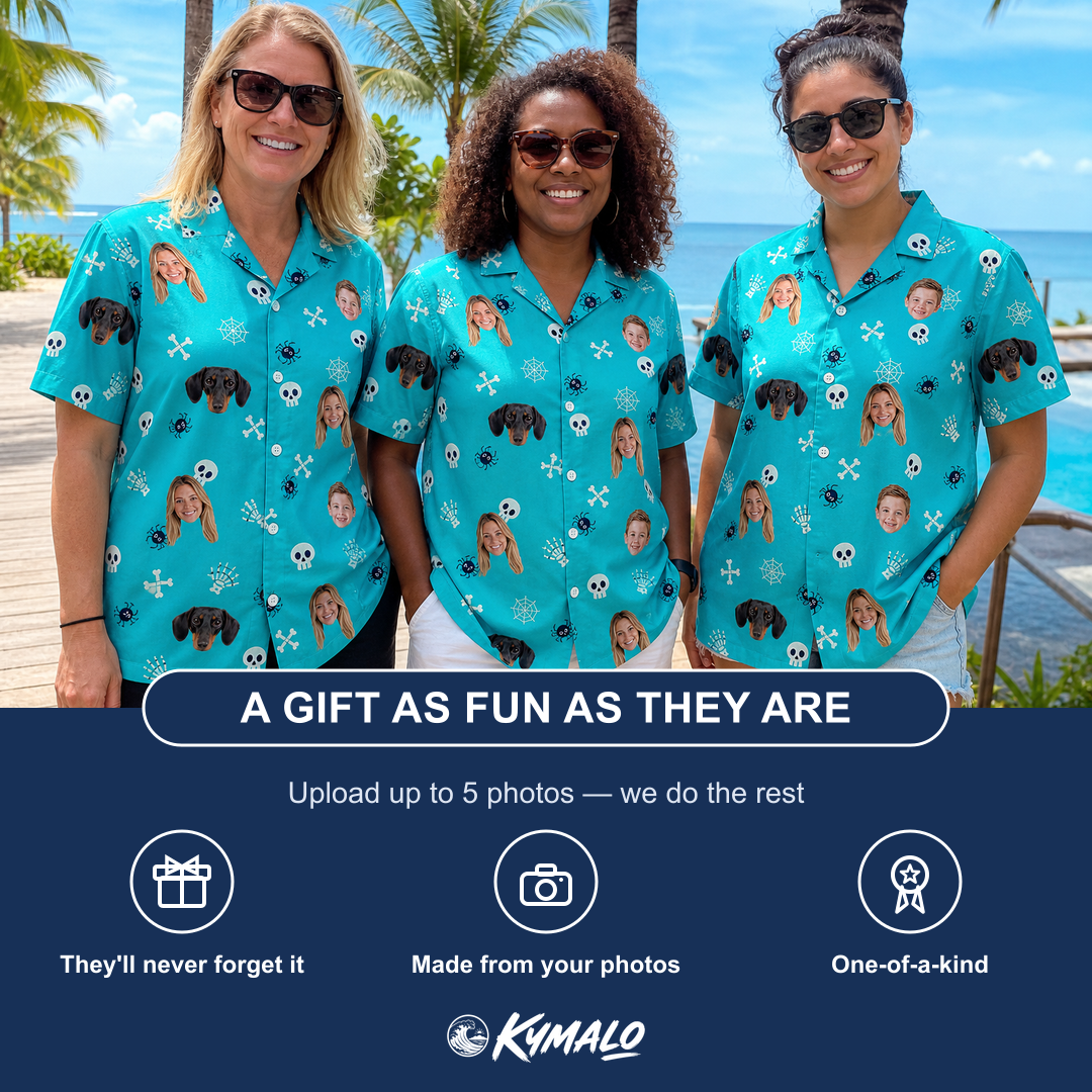 Friends in matching Women's Cranium Capers Custom Face Hawaiian Shirt — a group gift photo