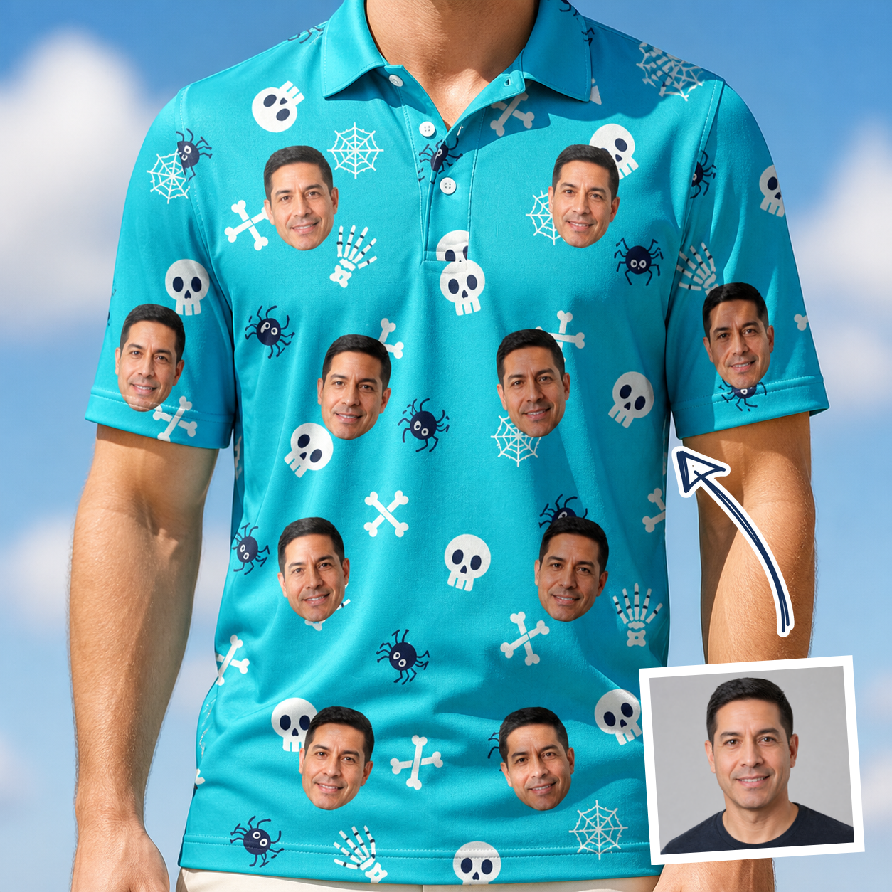 Man wearing Men's Cranium Capers Custom Face Polo Shirt — custom faces printed all-over