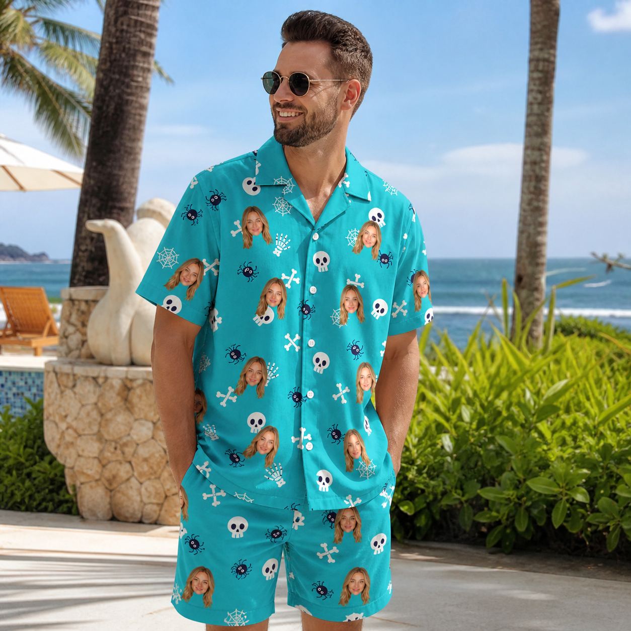 Real-life photo of someone wearing Men's Cranium Capers Custom Face Shirt & Shorts Set — custom faces printed all-over