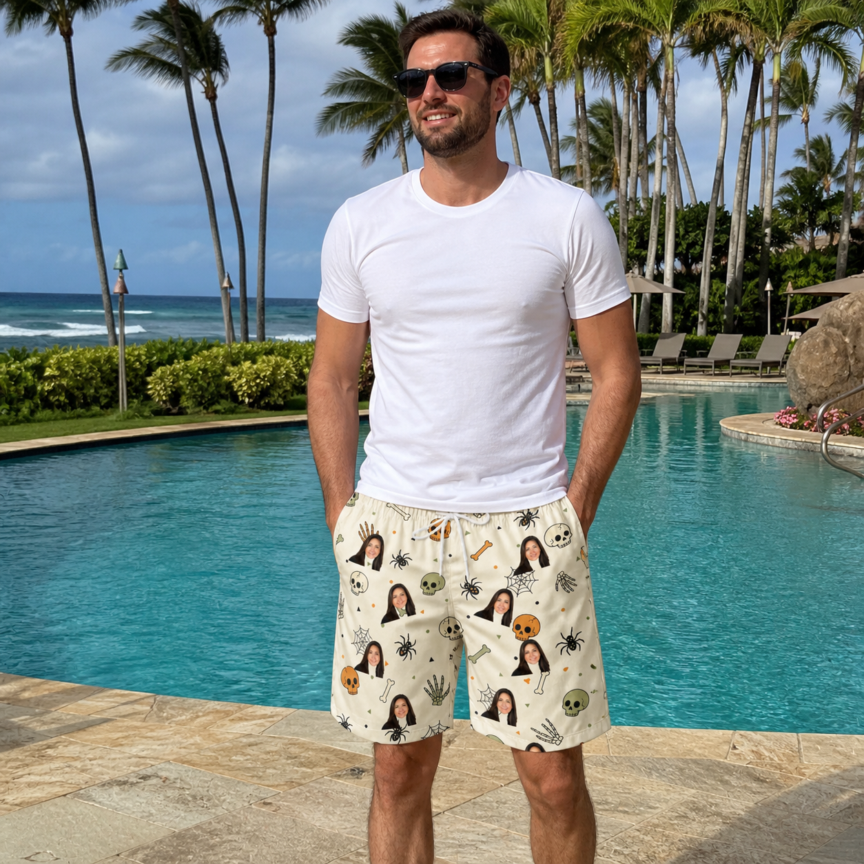 Real-life photo of someone wearing Men's Bony Boogie Custom Face Beach Shorts — custom faces printed all-over