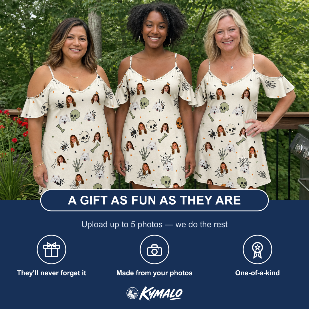 Friends in matching Women's Bony Boogie Custom Face Off-Shoulder Dress — a group gift photo