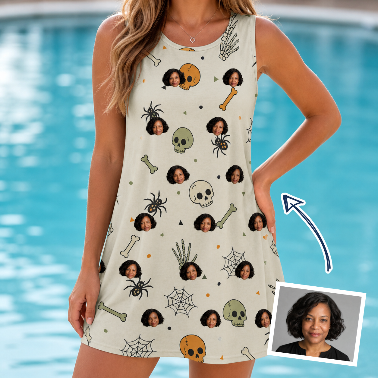 Woman wearing Women's Bony Boogie Custom Face Tank Dress — custom faces printed all-over