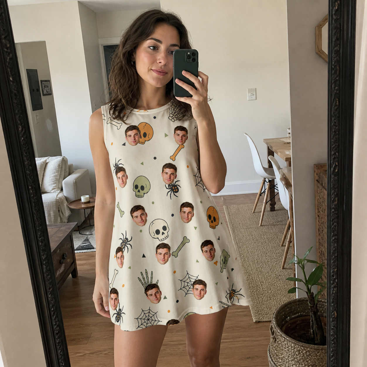 Real-life photo of someone wearing Women's Bony Boogie Custom Face Tank Dress — custom faces printed all-over