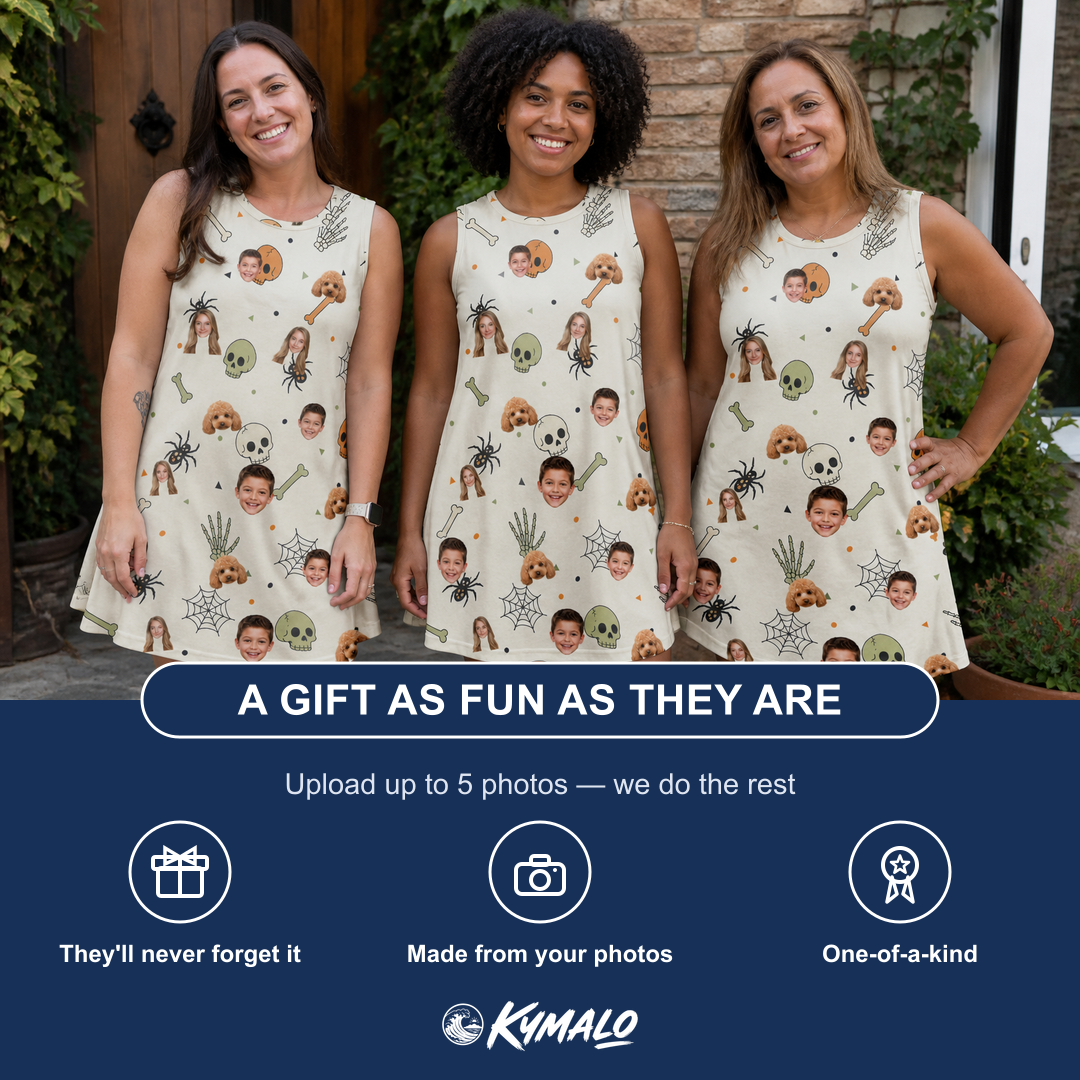 Friends in matching Women's Bony Boogie Custom Face Tank Dress — a group gift photo