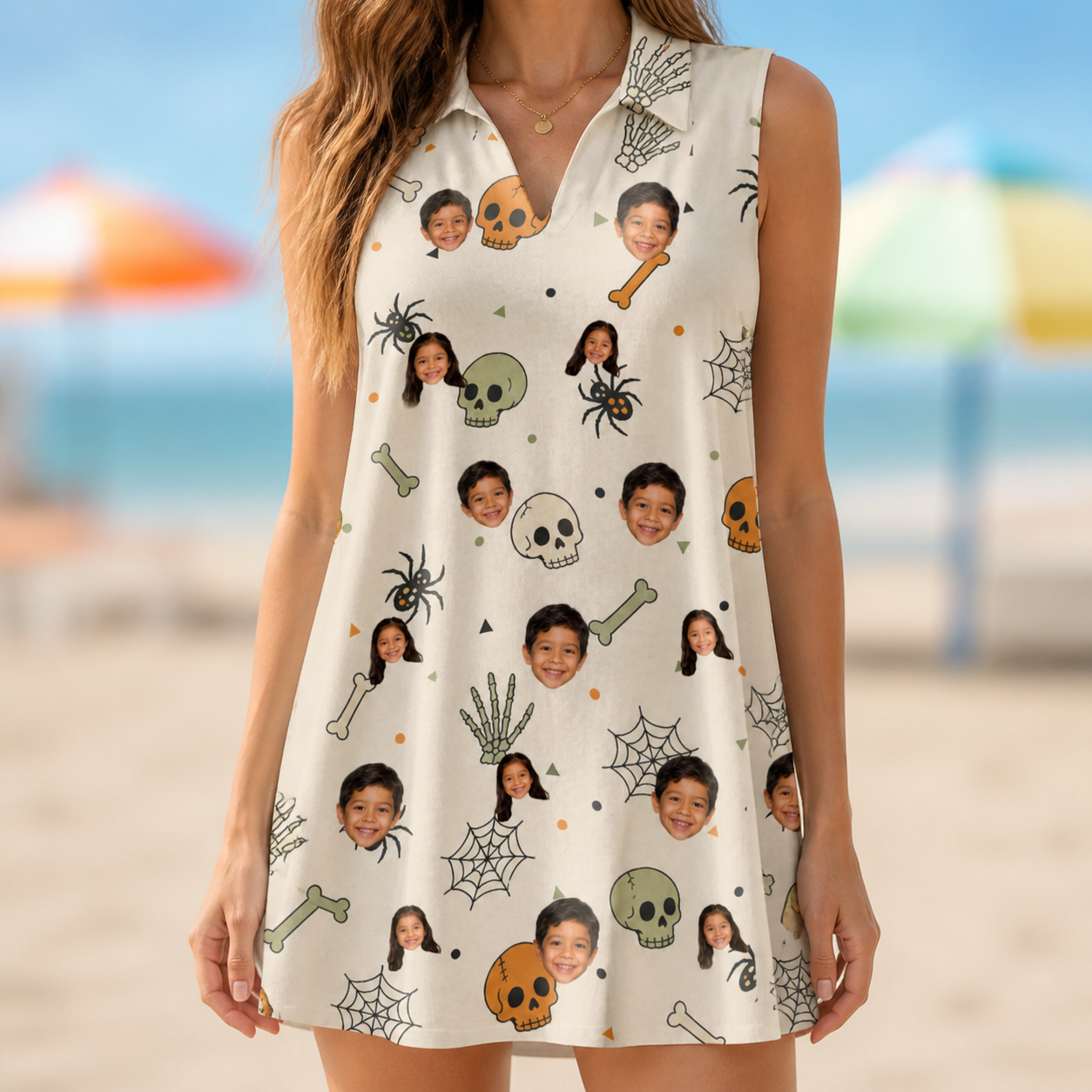 Model wearing Women's Bony Boogie Custom Face V-Neck Dress printed with kids' faces