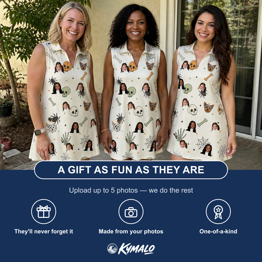Friends in matching Women's Bony Boogie Custom Face V-Neck Dress — a group gift photo