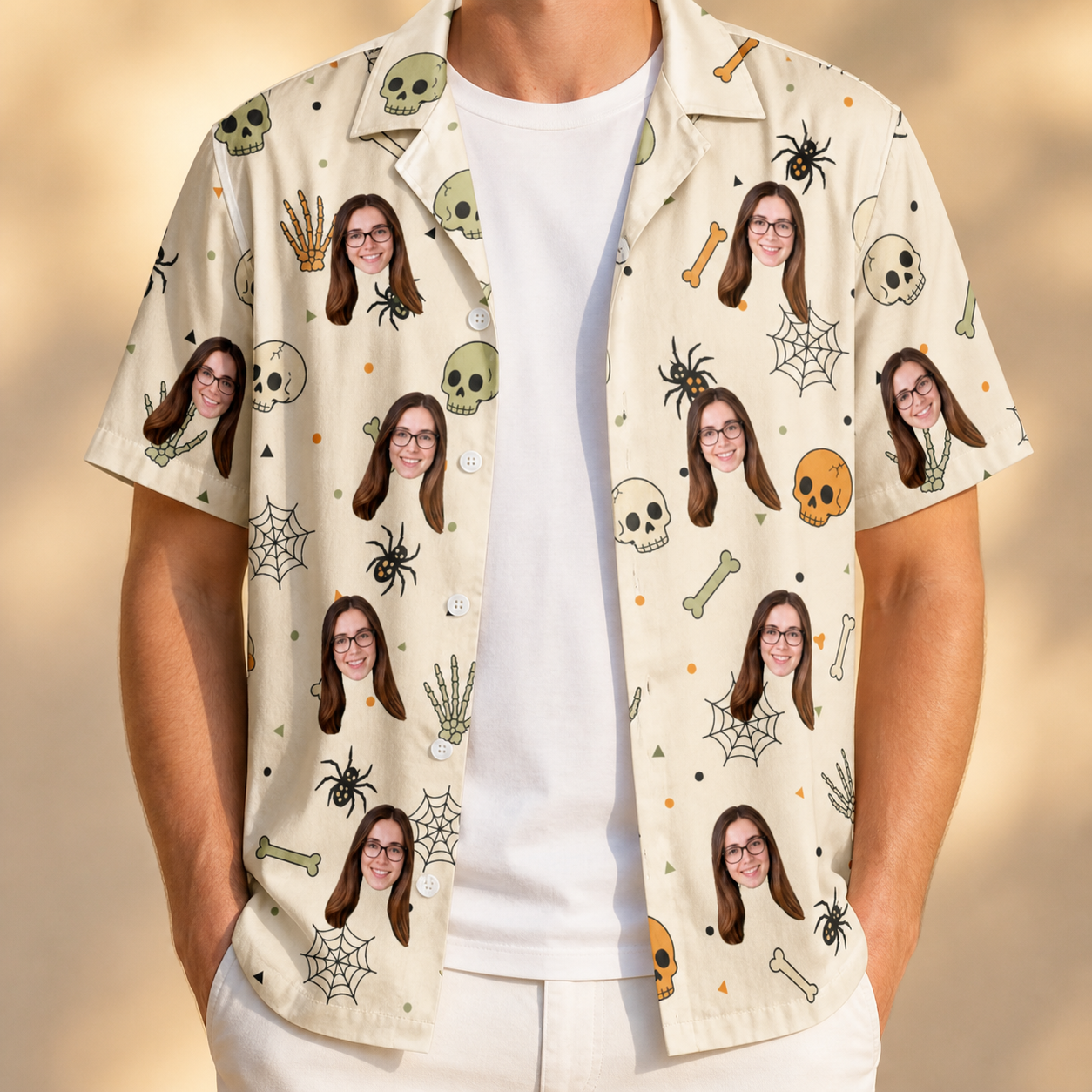 Man wearing Men's Bony Boogie Custom Face Hawaiian Shirt open over a white tee