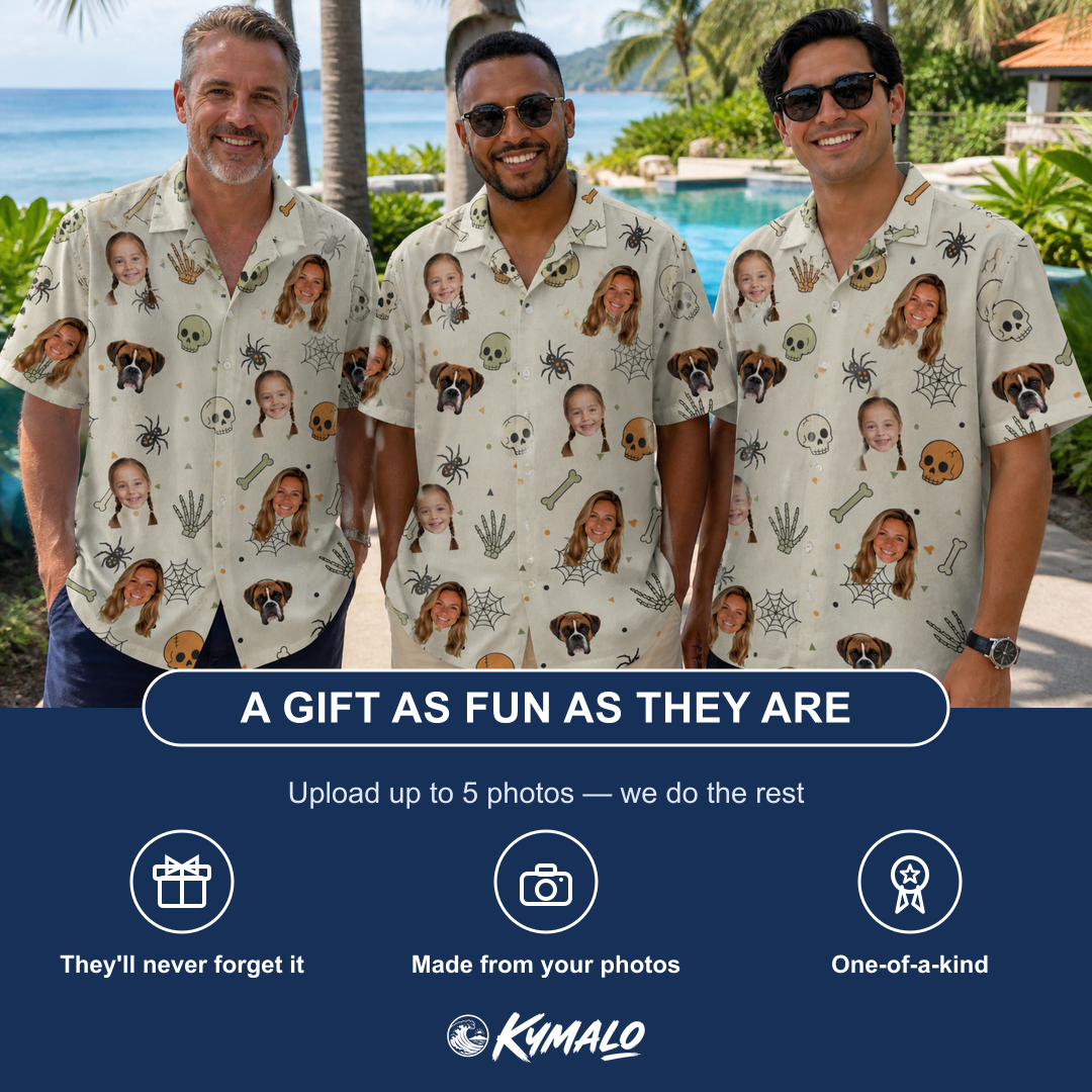 Friends in matching Men's Bony Boogie Custom Face Hawaiian Shirt — a group gift photo