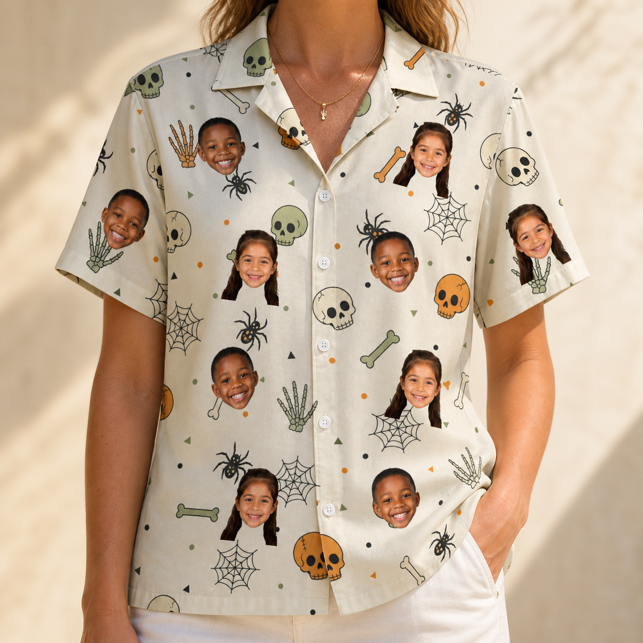 Model wearing Women's Bony Boogie Custom Face Hawaiian Shirt printed with kids' faces