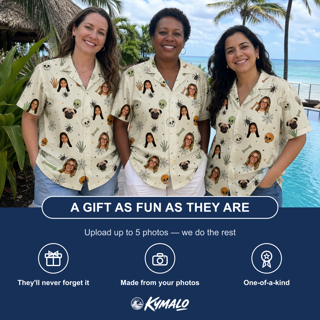 Friends in matching Women's Bony Boogie Custom Face Hawaiian Shirt — a group gift photo