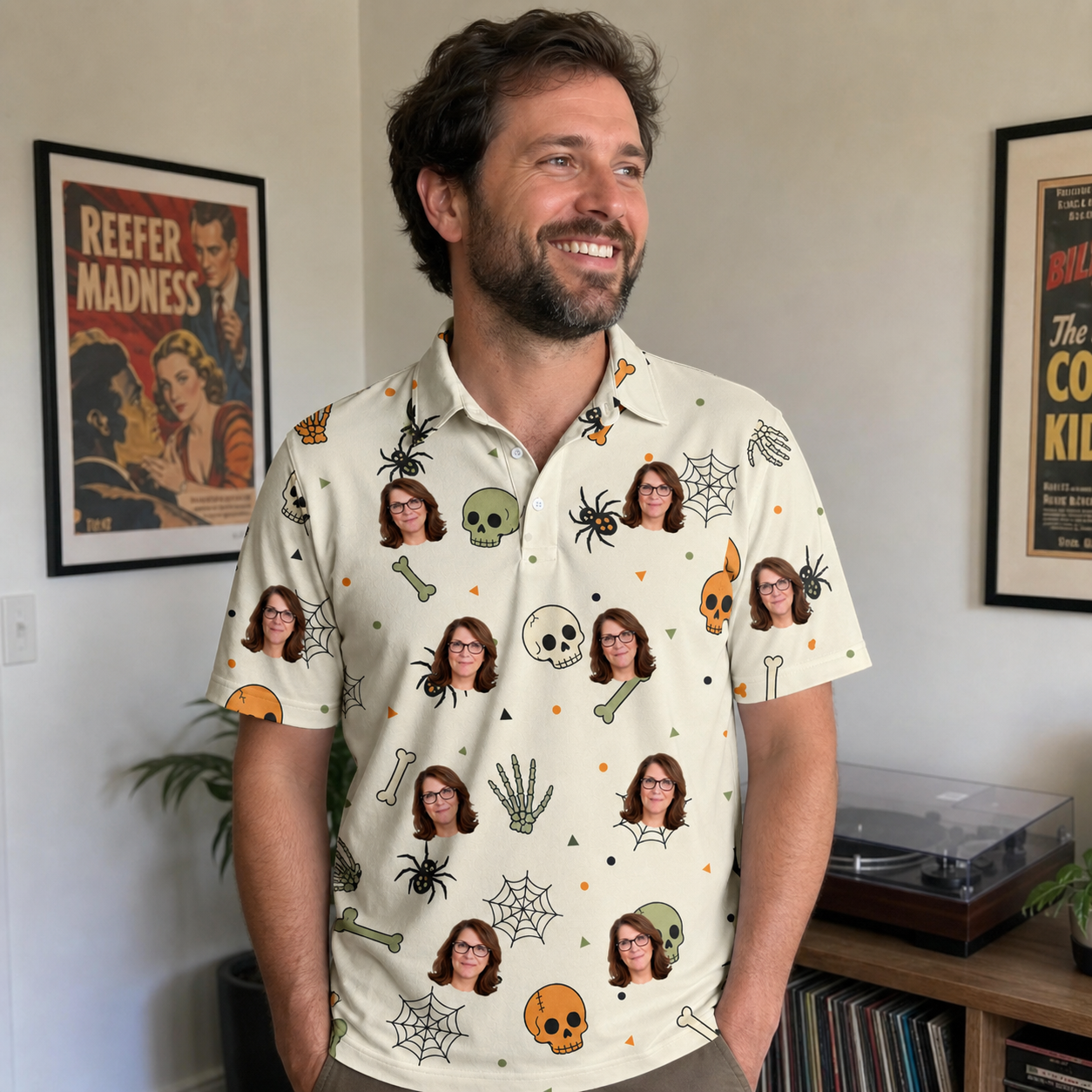Real-life photo of someone wearing Men's Bony Boogie Custom Face Polo Shirt — custom faces printed all-over