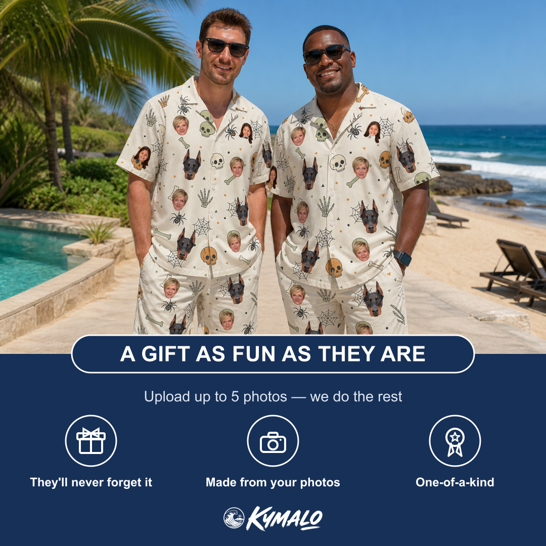 Friends in matching Men's Bony Boogie Custom Face Shirt & Shorts Set — a group gift photo
