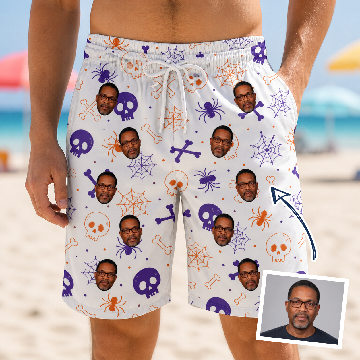 Man wearing Men's Skull Shuffle Custom Face Beach Shorts — custom faces printed all-over