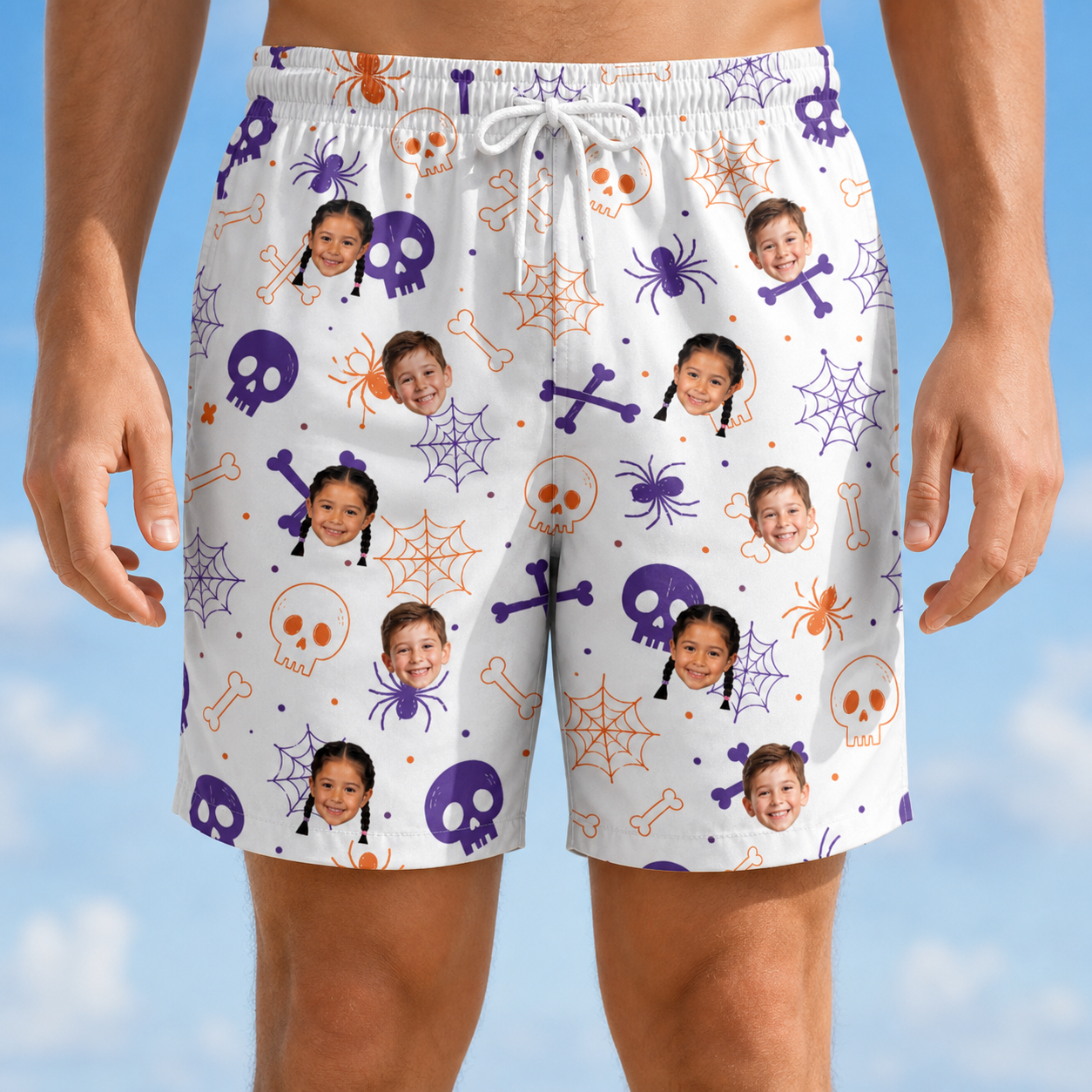 Model wearing Men's Skull Shuffle Custom Face Beach Shorts printed with kids' faces