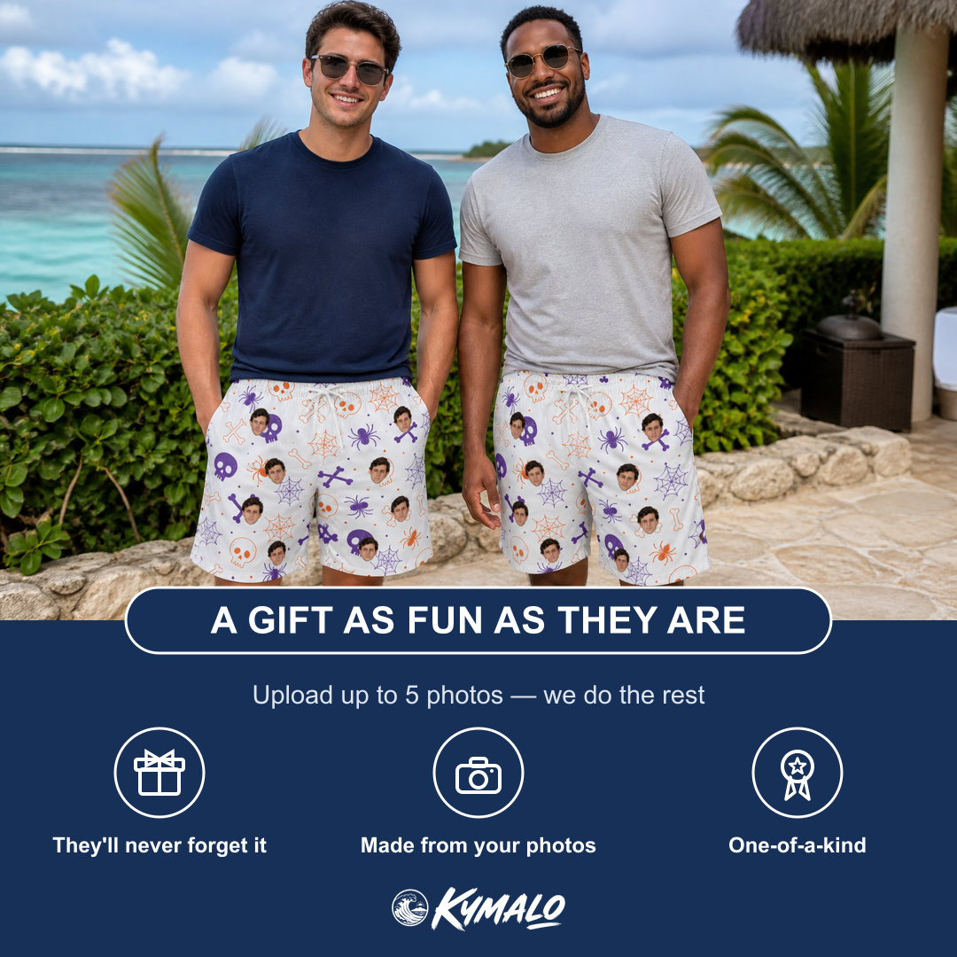Friends in matching Men's Skull Shuffle Custom Face Beach Shorts — a group gift photo