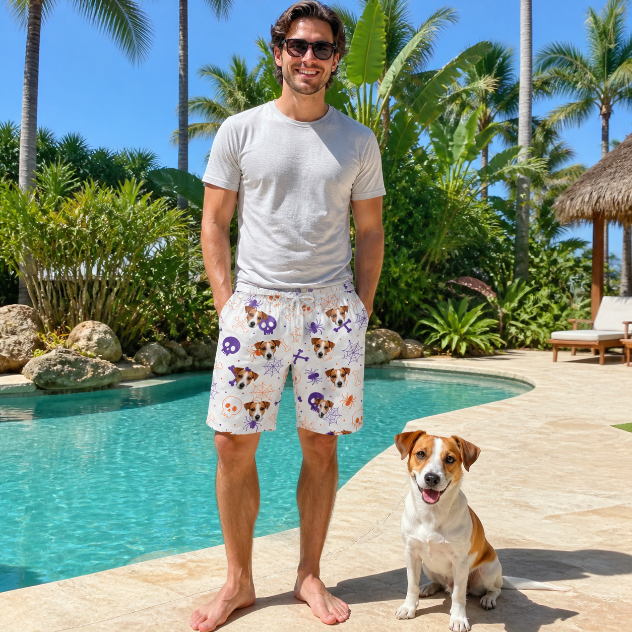 Full-length photo with the pet printed all over this Men's Skull Shuffle Custom Dog Face Beach Shorts