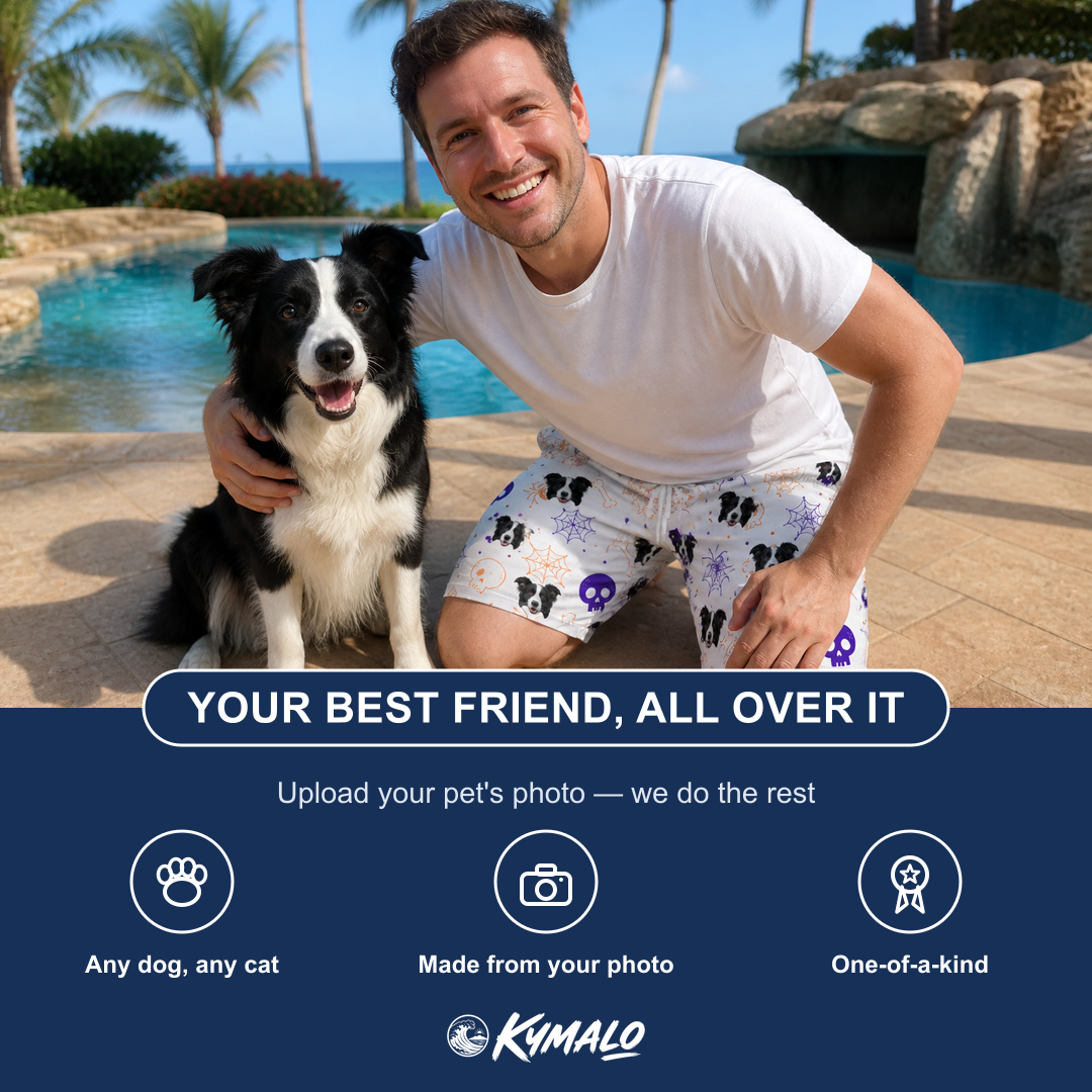 Friends in matching Men's Skull Shuffle Custom Dog Face Beach Shorts — a group gift photo