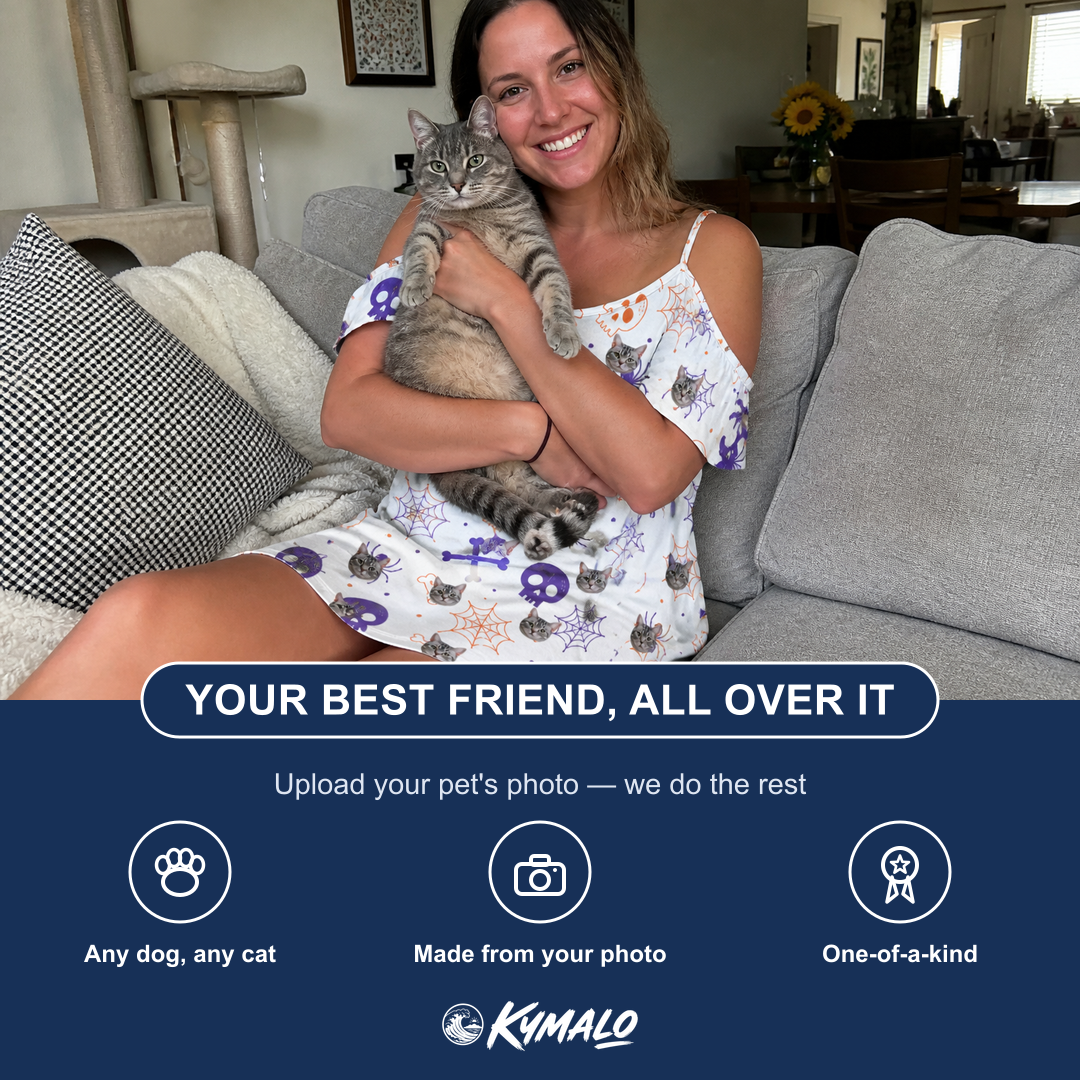Friends in matching Women's Skull Shuffle Custom Cat Face Off-Shoulder Dress — a group gift photo