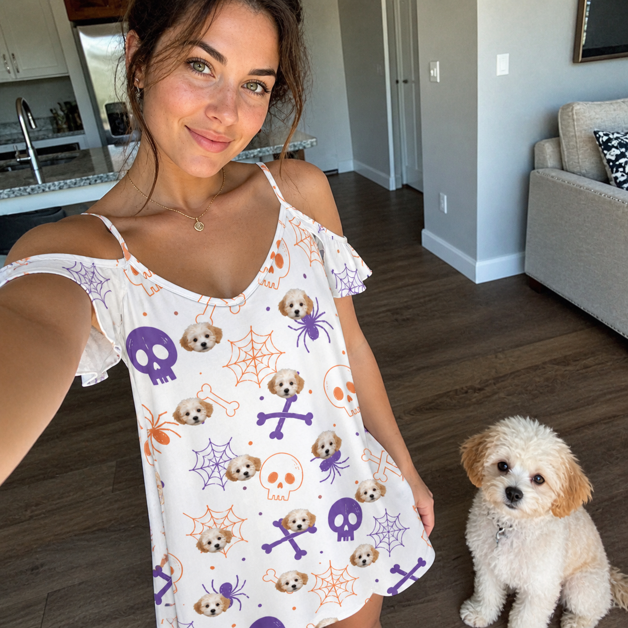 Selfie with the pet whose face is printed all over this Women's Skull Shuffle Custom Dog Face Off-Shoulder Dress