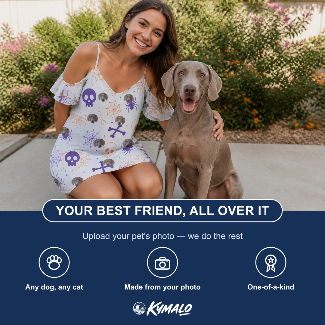 Friends in matching Women's Skull Shuffle Custom Dog Face Off-Shoulder Dress — a group gift photo