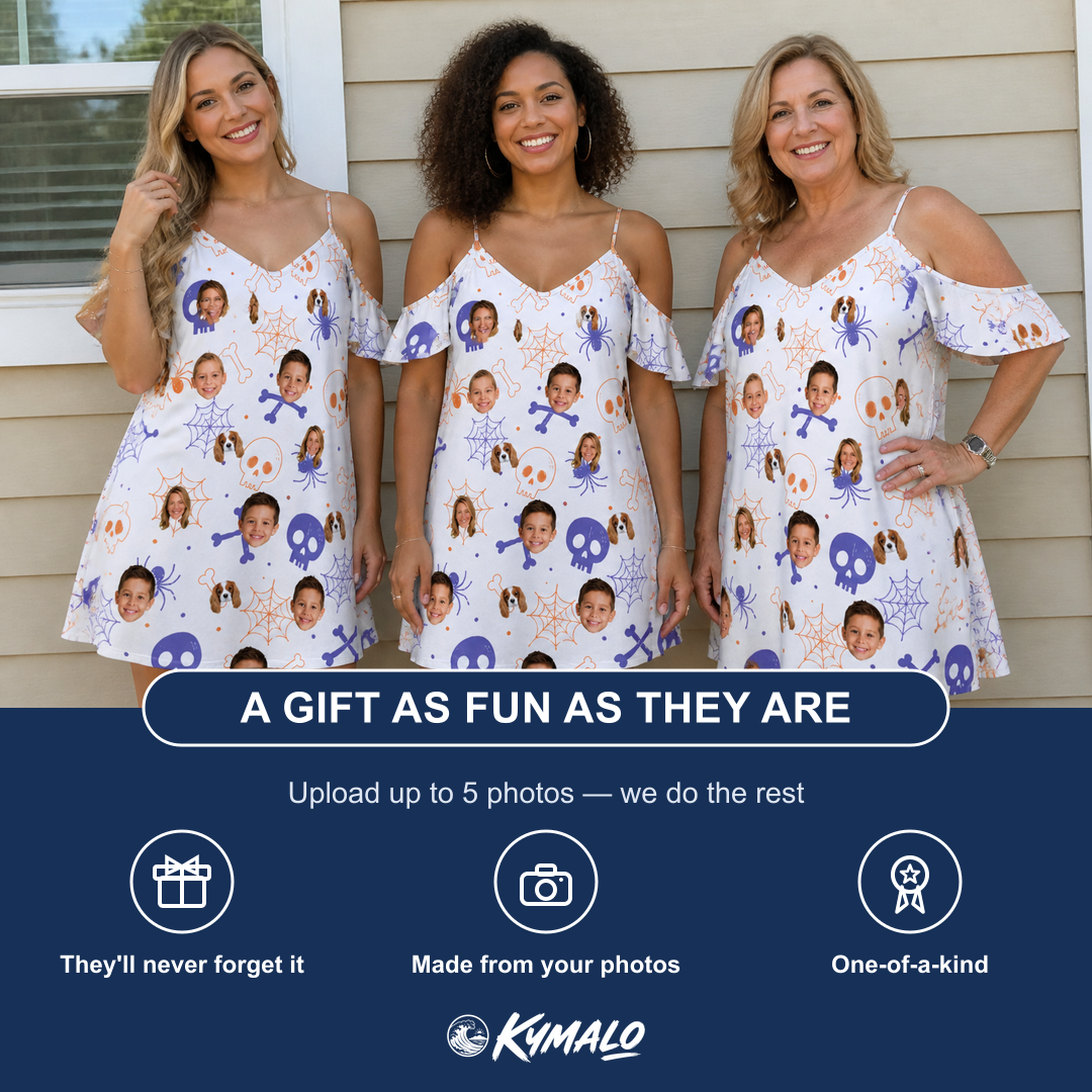 Friends in matching Women's Skull Shuffle Custom Face Off-Shoulder Dress — a group gift photo