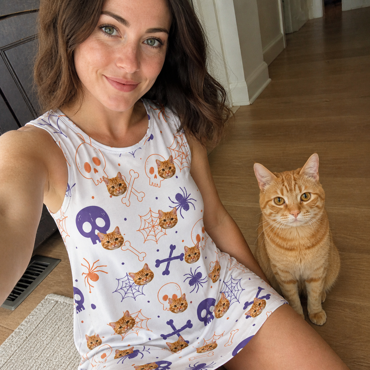 Selfie with the pet whose face is printed all over this Women's Skull Shuffle Custom Cat Face Tank Dress