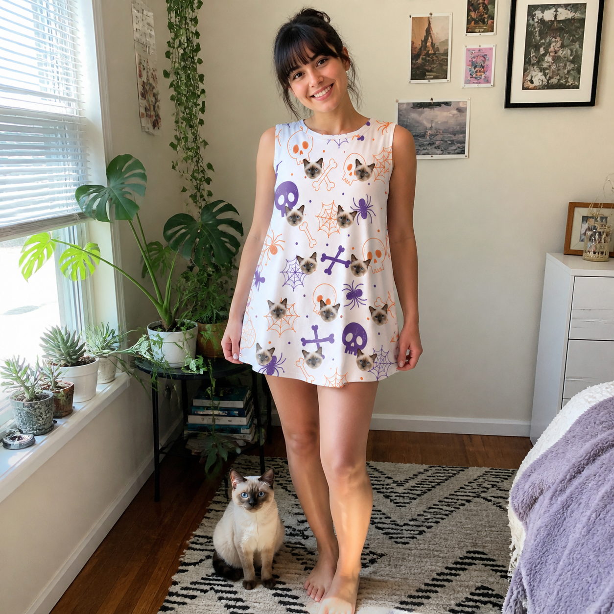 Full-length photo with the pet printed all over this Women's Skull Shuffle Custom Cat Face Tank Dress