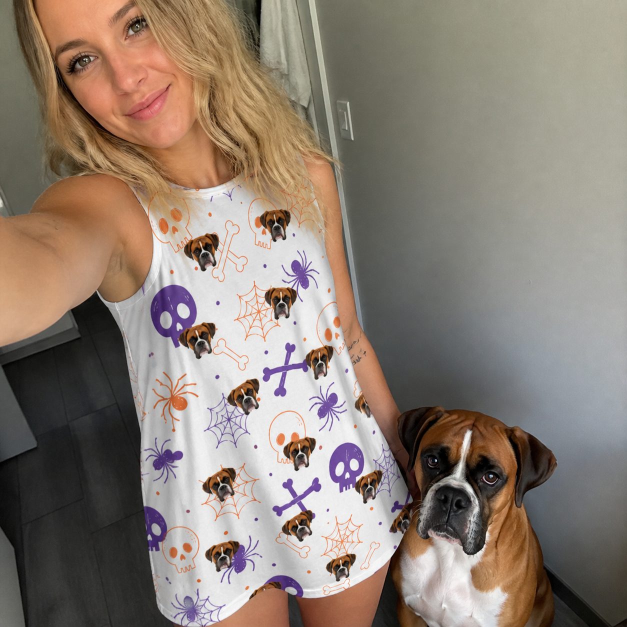 Selfie with the pet whose face is printed all over this Women's Skull Shuffle Custom Dog Face Tank Dress