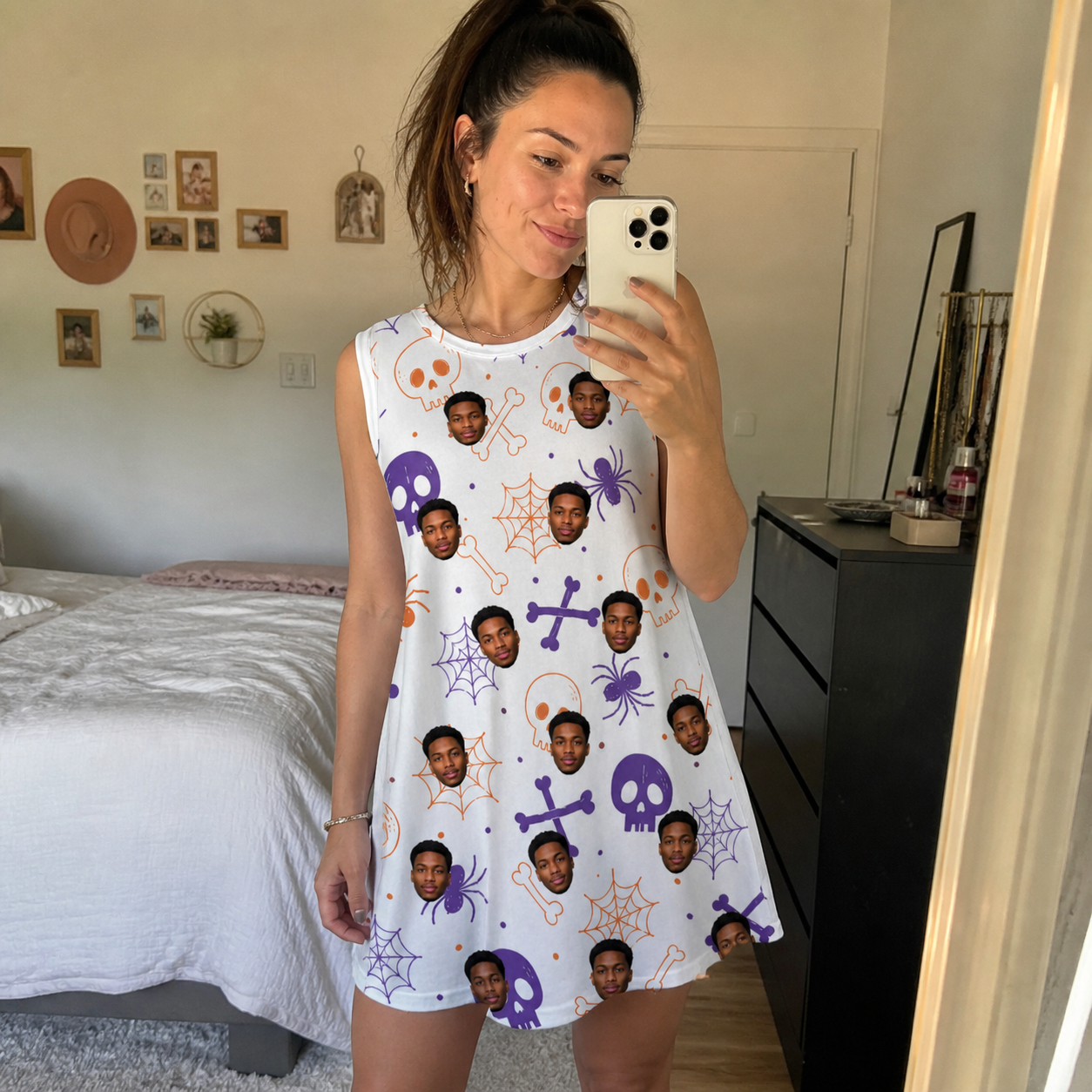 Real-life photo of someone wearing Women's Skull Shuffle Custom Face Tank Dress — custom faces printed all-over