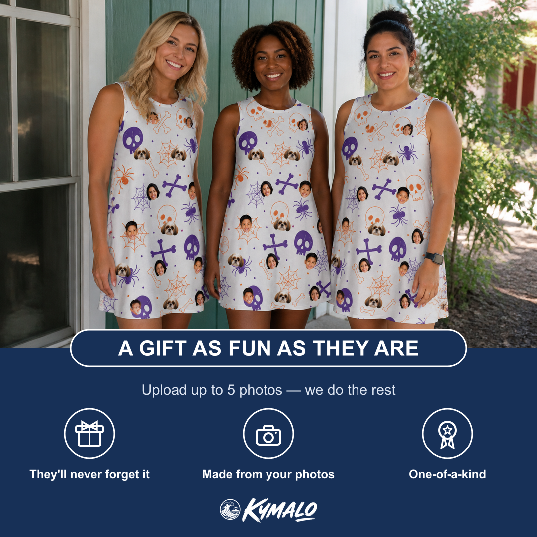 Friends in matching Women's Skull Shuffle Custom Face Tank Dress — a group gift photo