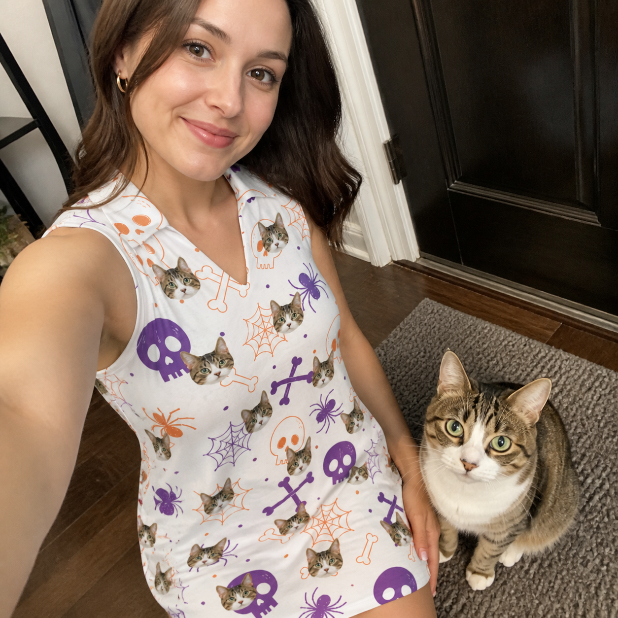 Selfie with the pet whose face is printed all over this Women's Skull Shuffle Custom Cat Face V-Neck Dress