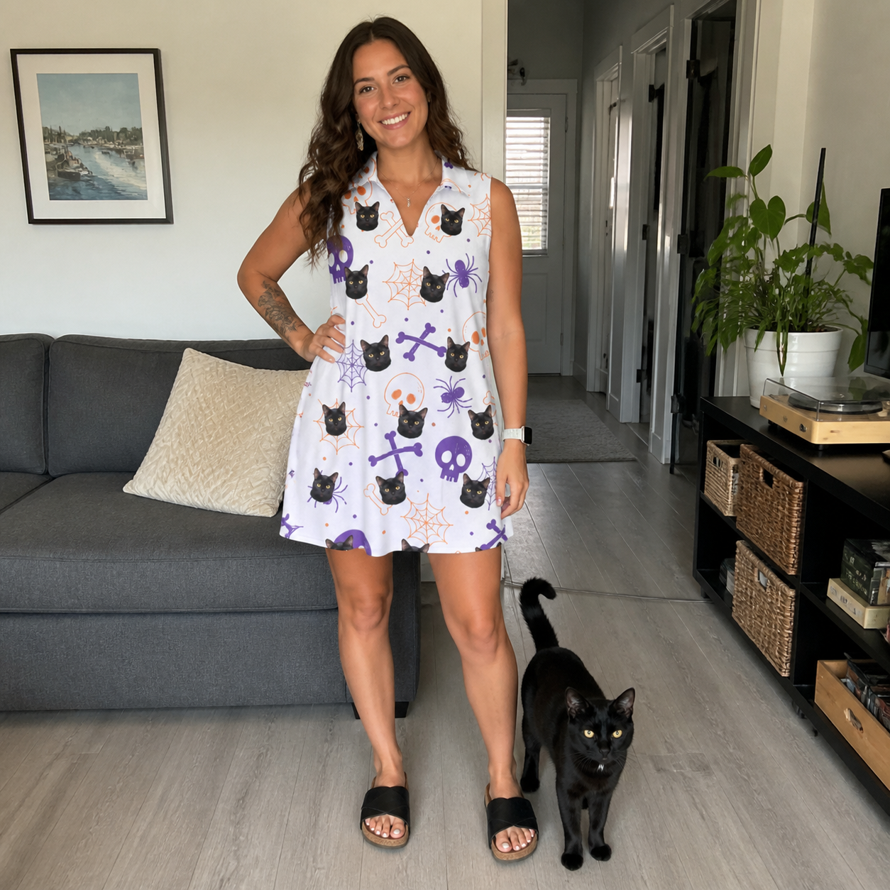 Full-length photo with the pet printed all over this Women's Skull Shuffle Custom Cat Face V-Neck Dress