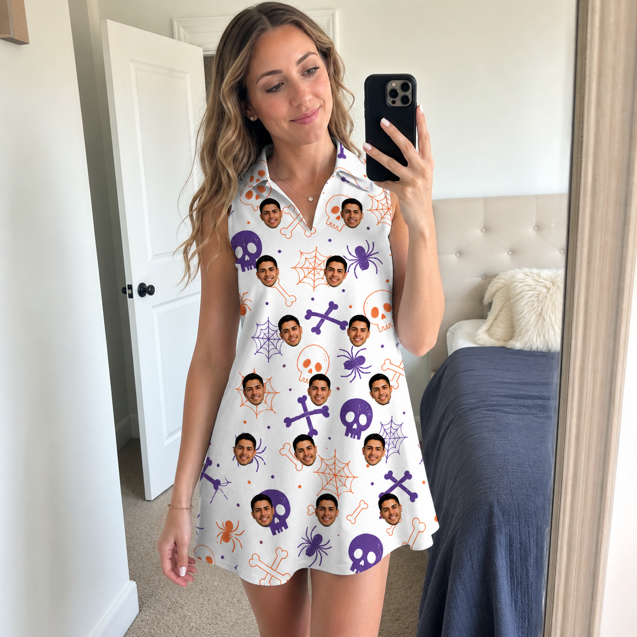 Real-life photo of someone wearing Women's Skull Shuffle Custom Face V-Neck Dress — custom faces printed all-over