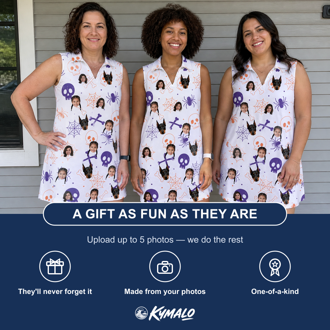 Friends in matching Women's Skull Shuffle Custom Face V-Neck Dress — a group gift photo