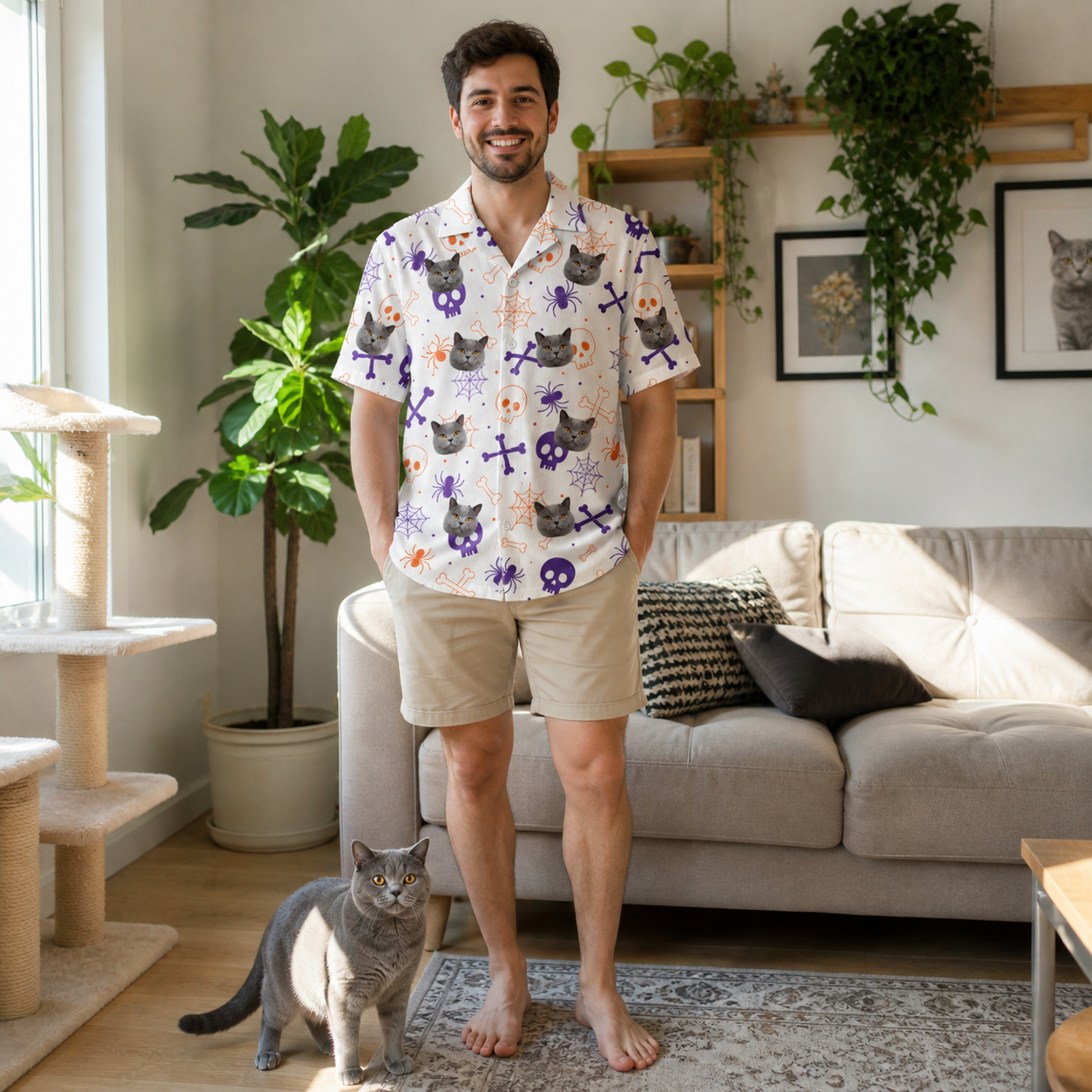 Full-length photo with the pet printed all over this Men's Skull Shuffle Custom Cat Face Hawaiian Shirt
