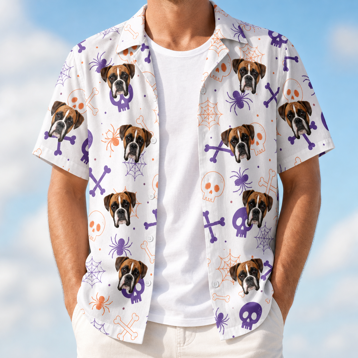 Man wearing Men's Skull Shuffle Custom Dog Face Hawaiian Shirt open over a white tee