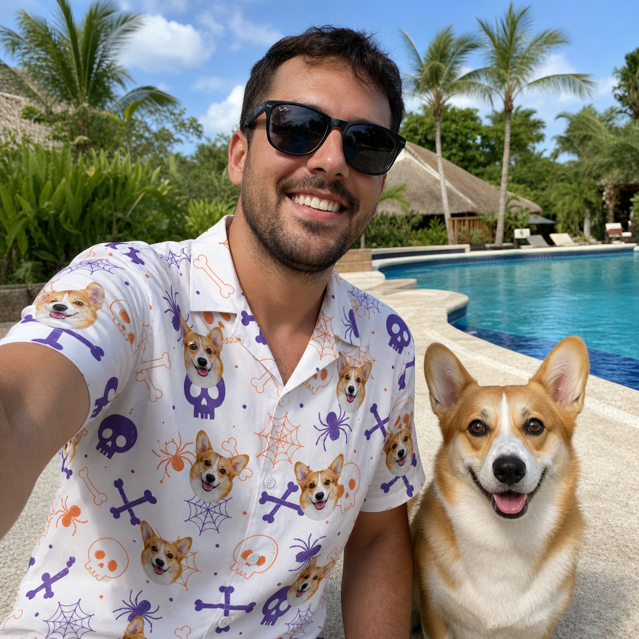 Selfie with the pet whose face is printed all over this Men's Skull Shuffle Custom Dog Face Hawaiian Shirt