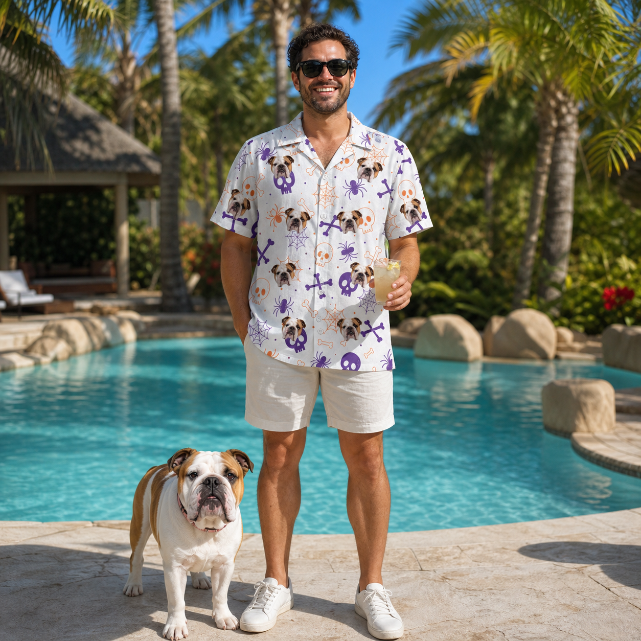 Full-length photo with the pet printed all over this Men's Skull Shuffle Custom Dog Face Hawaiian Shirt