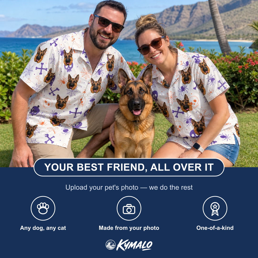 Friends in matching Men's Skull Shuffle Custom Dog Face Hawaiian Shirt — a group gift photo