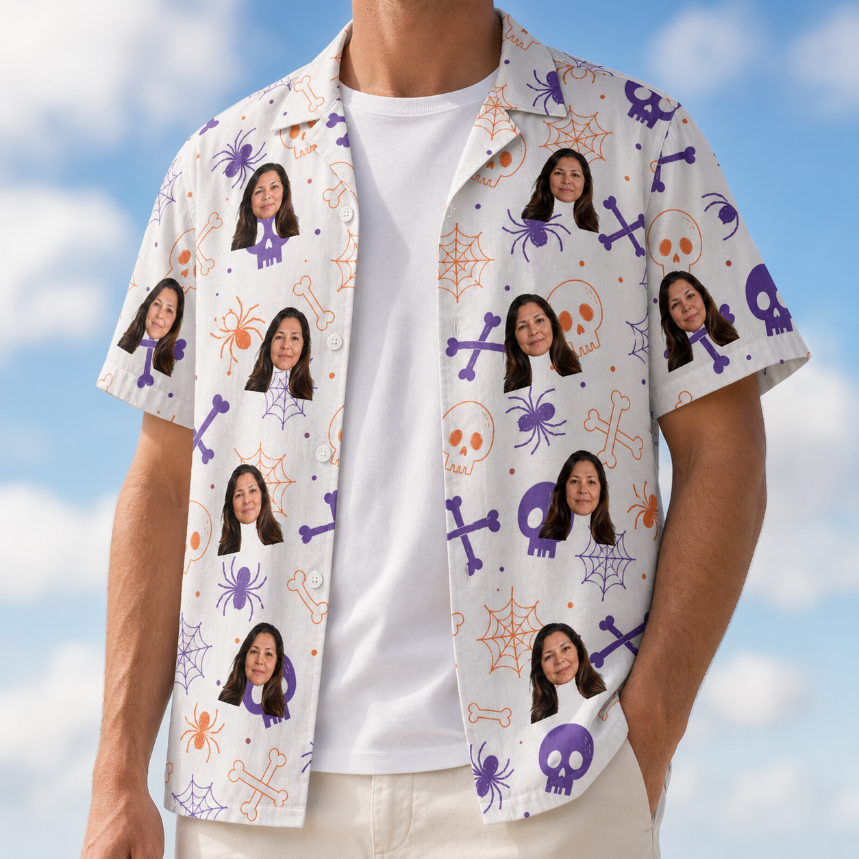 Man wearing Men's Skull Shuffle Custom Face Hawaiian Shirt open over a white tee