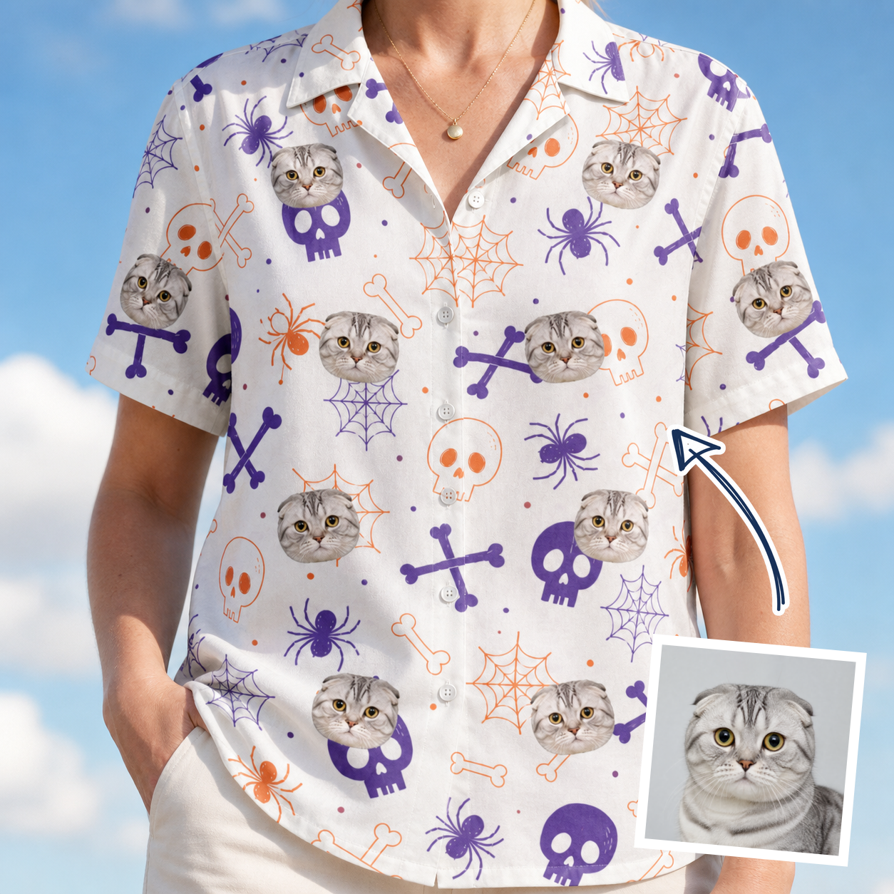 Woman wearing Women's Skull Shuffle Custom Cat Face Hawaiian Shirt — custom faces printed all-over