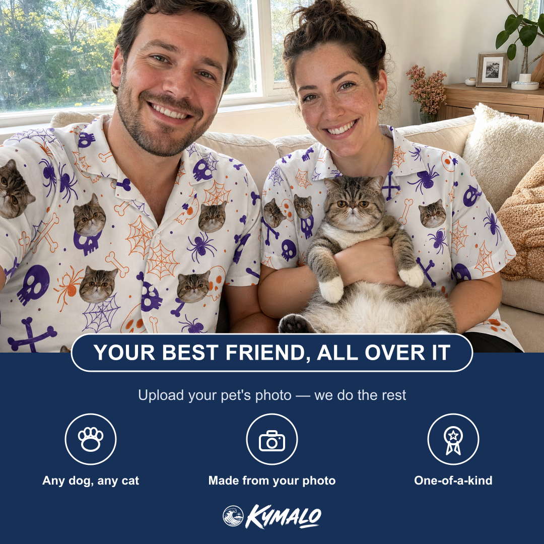 Friends in matching Women's Skull Shuffle Custom Cat Face Hawaiian Shirt — a group gift photo