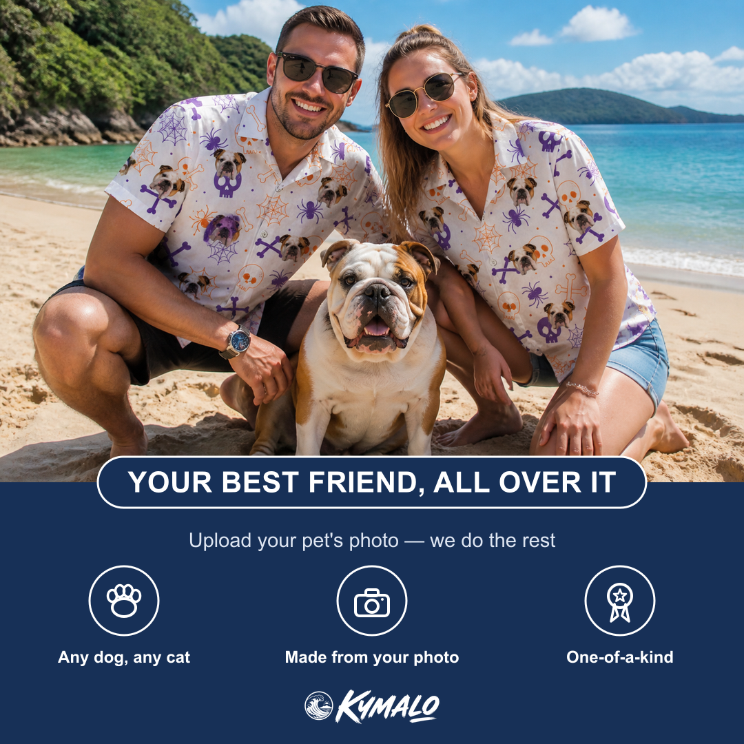 Friends in matching Women's Skull Shuffle Custom Dog Face Hawaiian Shirt — a group gift photo