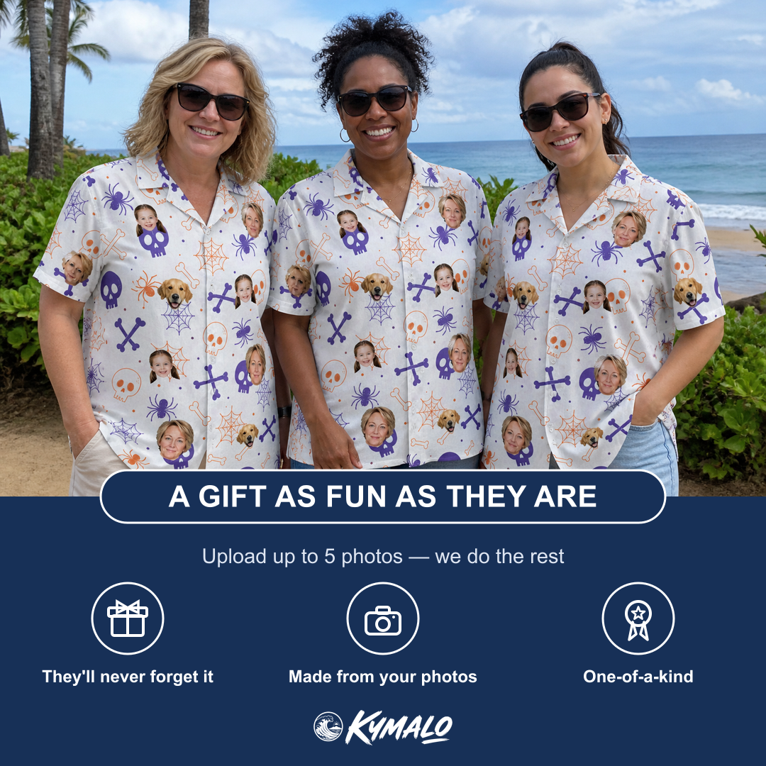 Friends in matching Women's Skull Shuffle Custom Face Hawaiian Shirt — a group gift photo