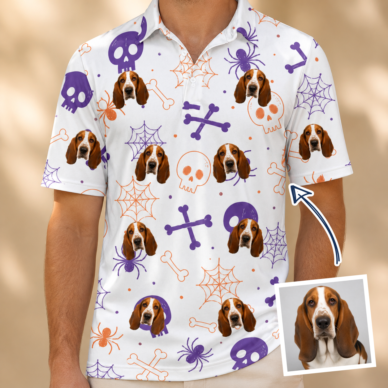 Man wearing Men's Skull Shuffle Custom Dog Face Polo Shirt — custom faces printed all-over