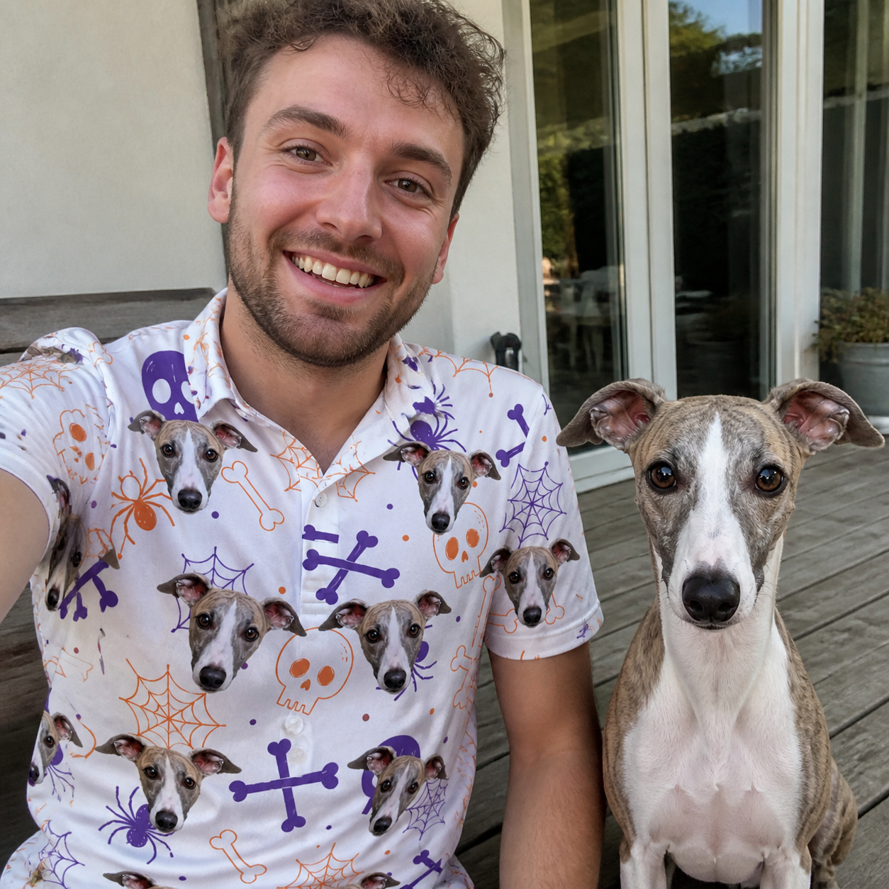 Selfie with the pet whose face is printed all over this Men's Skull Shuffle Custom Dog Face Polo Shirt