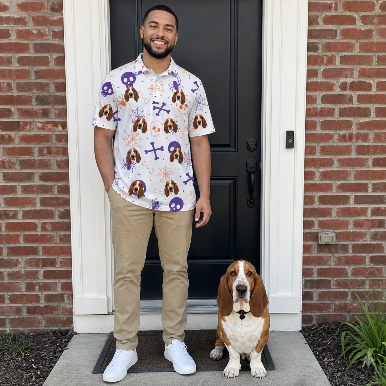 Full-length photo with the pet printed all over this Men's Skull Shuffle Custom Dog Face Polo Shirt