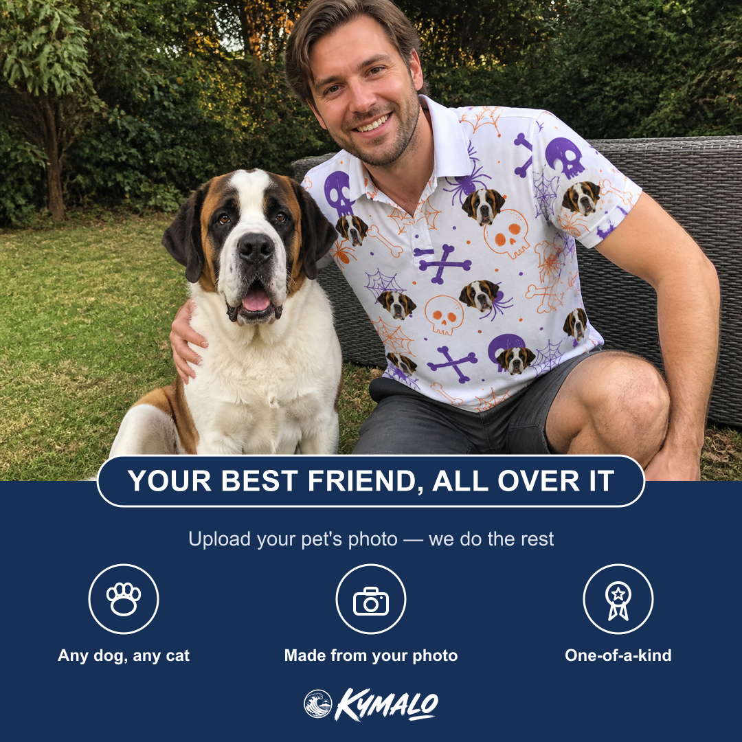 Friends in matching Men's Skull Shuffle Custom Dog Face Polo Shirt — a group gift photo