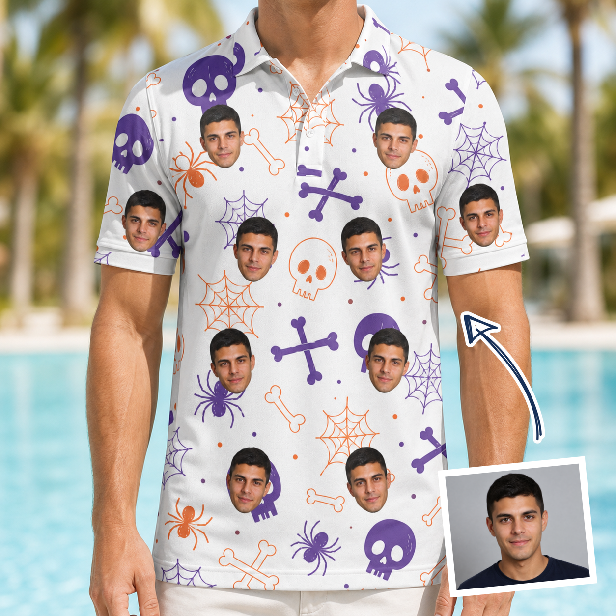 Man wearing Men's Skull Shuffle Custom Face Polo Shirt — custom faces printed all-over