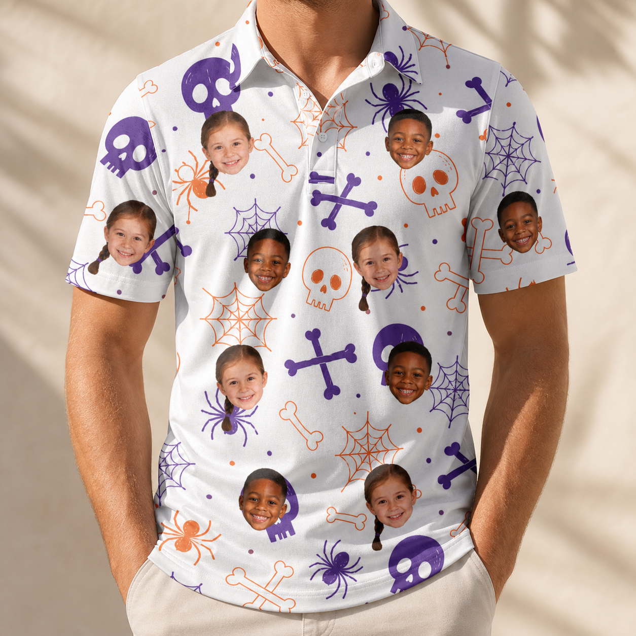 Model wearing Men's Skull Shuffle Custom Face Polo Shirt printed with kids' faces
